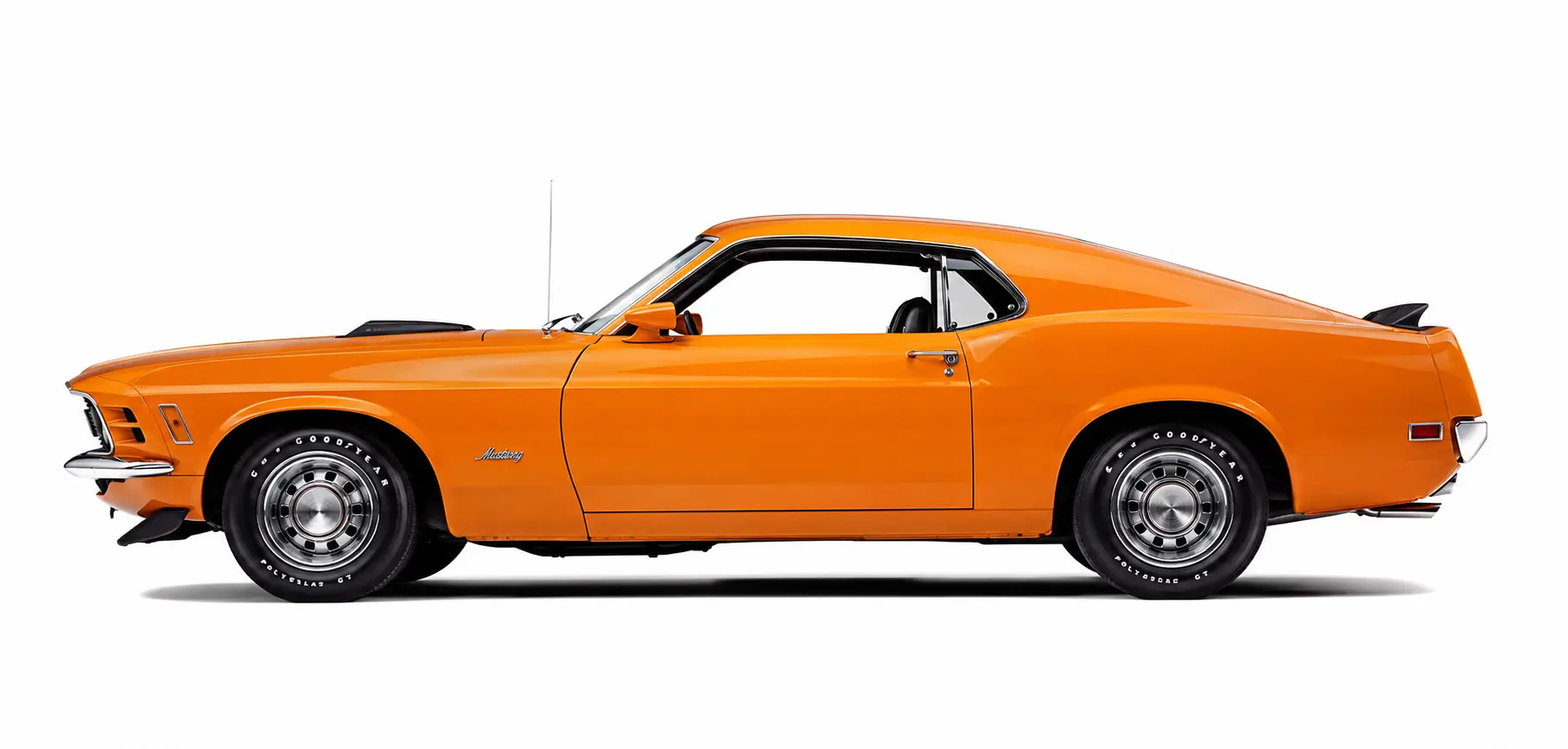 1970 Ford Mustang SportsRoof fastback side profile showing the long roofline sweep, blacked-out rear panel, and twin taillights