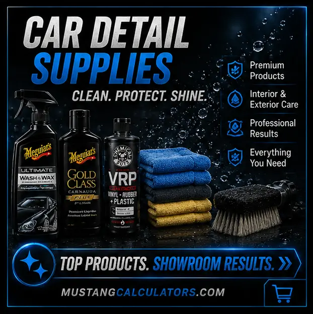 Recommended car detailing supplies, cleaners, waxes, towels, and appearance products for Ford Mustang owners.