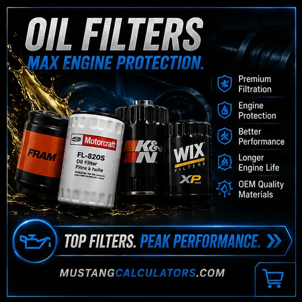 Recommended oil filters and oil change supplies for Ford Mustang maintenance, engine protection, and performance applications.