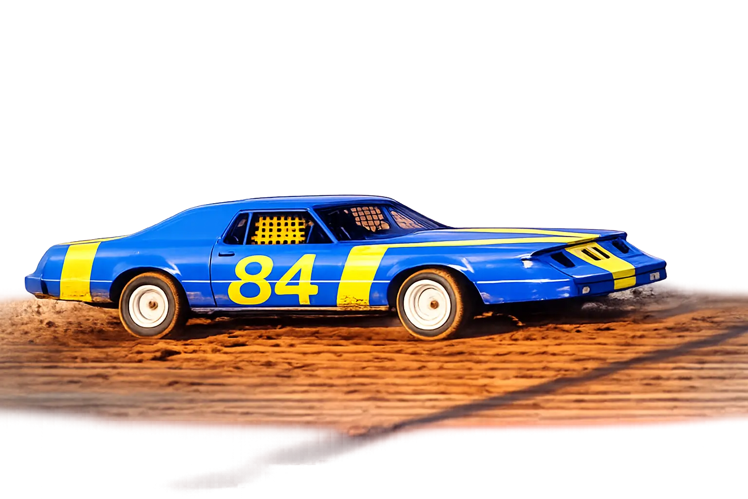 The two-man mad man cruiser race car — #84 in blue and yellow — tearing up the dirt track at Quincy Raceways, the same class Scott Clayton and his son raced together